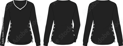 Black V-neck long sleeve top flat sketch with contrast neckline trim and lace-up side details, modern casual garment illustration