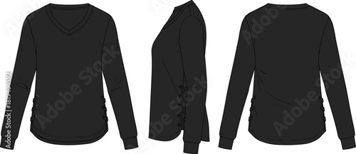 Black V-neck long sleeve top flat sketch with lace-up side details, clean fitted silhouette and modern casual garment illustration