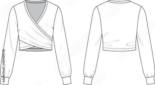 Cropped wrap top fashion flat with long sleeves, overlapping V-neck drape, technical garment sketch for apparel design illustration