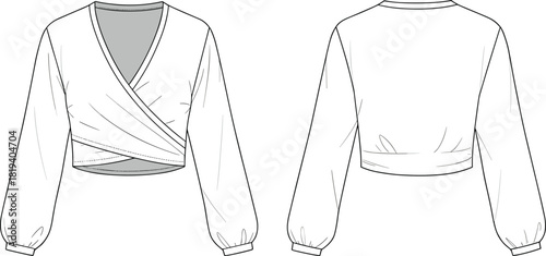Cropped wrap top flat sketch with long sleeves, overlapping V-neck front drape, fitted waistband and modern fashion garment illustration