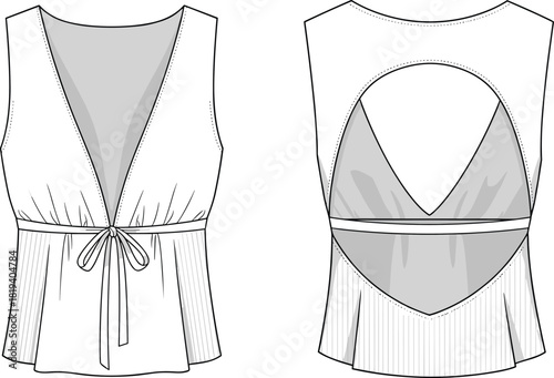 Sleeveless V-neck top flat sketch with tie waist and open back design, pleated hem detail, fashion technical illustration