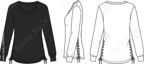 V-neck long sleeve top flat sketch with lace-up side details, cuffed sleeves, fitted silhouette and clean fashion illustration design