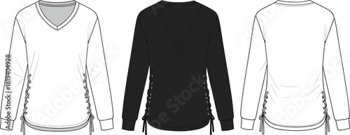 V-neck long sleeve top flat sketch with lace-up side details, gathered hem shaping, casual fashion garment technical illustration