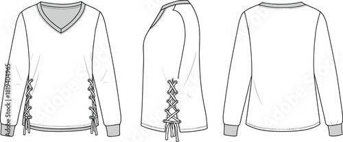 V-neck long sleeve top flat sketch with lace-up side panels, contrast cuffs and neckline, casual fashion garment illustration design