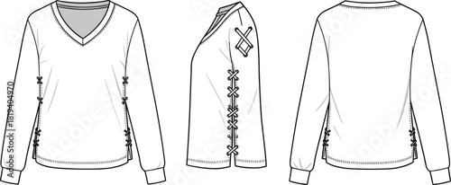 V-neck long sleeve top flat sketch with lace-up sides, shoulder patch detail, cuffed sleeves and casual garment illustration design