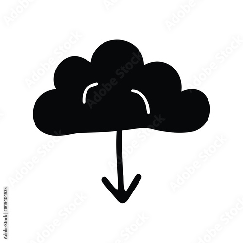 A simple digital rendering of a black raincloud with a downward arrow