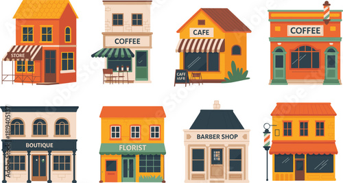 Storefront icon set with coffee shop, café, boutique, florist, barber shop, general store, colorful buildings, and small business theme