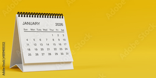 White Desk Monthly January 2026 Business Calendar. 3d Rendering