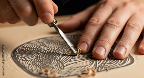 Hands meticulously carving linoleum block for printmaking process close-up
