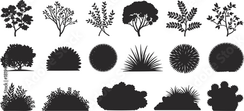 Tree and shrub silhouette set with diverse plant shapes, leafy textures, bush forms, botanical icons, and landscape design elements