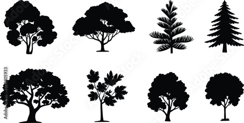 Tree silhouette set with diverse foliage shapes, coniferous and broadleaf forms, botanical icons, forest elements, and landscape design assets