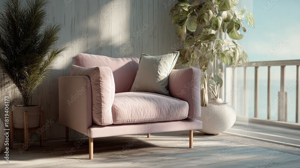 Obraz premium A cozy pink armchair on a balcony, perfect for relaxation with plants
