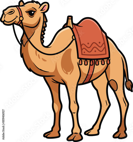 Cute cartoon camel with saddle desert animal vector illustration