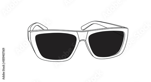 A simple black and white line art drawing of stylish modern sunglasses with dark lenses isolated on a clean white background.