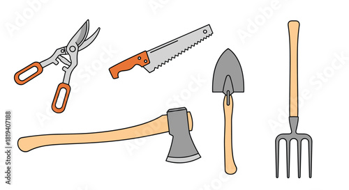 A colorful collection of essential gardening tools including a shovel shears saw axe and pitchfork on a white background.