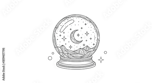 A mystical black and white line art drawing of a crystal ball containing a crescent moon stars and mountains inside.