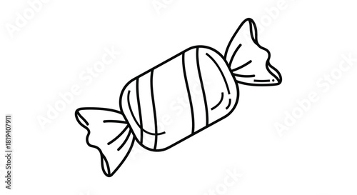A simple black and white line art doodle of a single piece of wrapped hard candy with twisted ends for coloring.