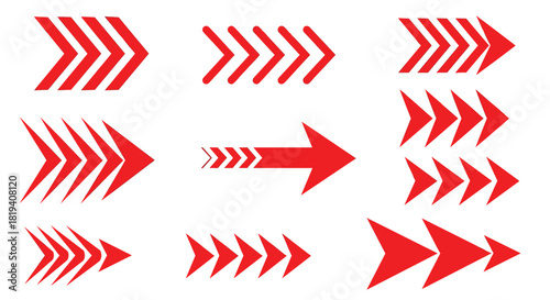 A collection of various red arrow designs and symbols pointing to the right, suitable for graphic design elements and indicators.