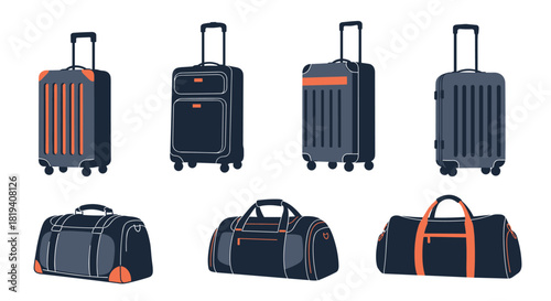 A collection of modern travel luggage, including various hard-shell suitcases with wheels and soft duffel bags, perfect for vacations and trips.