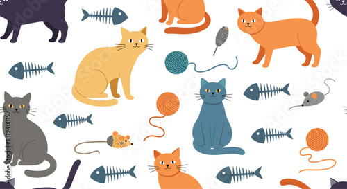 A playful seamless pattern with cute cartoon cats in different colors and poses with toys yarn and fish skeletons.