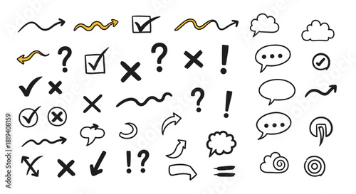 A large collection of hand-drawn doodle elements including arrows checkmarks speech bubbles and punctuation on white background.