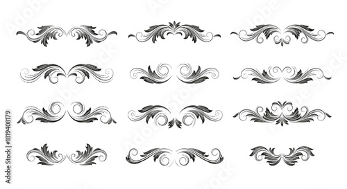 A diverse collection of elegant decorative dividers and ornate vintage scrollwork flourishes, perfect for calligraphic and classic design.