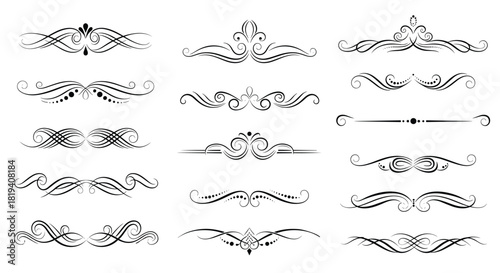 A collection of elegant vintage-style decorative scroll dividers and ornate design elements perfect for embellishing text and pages.