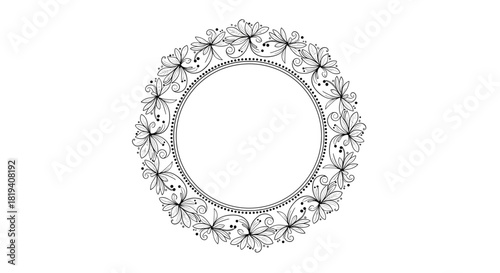 Elegant hand-drawn black and white circular floral wreath illustration, featuring delicate flowers, leaves, and intricate dotted details for decorative designs.