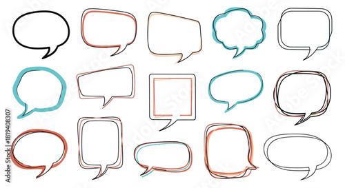 A collection of hand-drawn speech and thought bubbles with various shapes and colored outlines, perfect for communication and design.