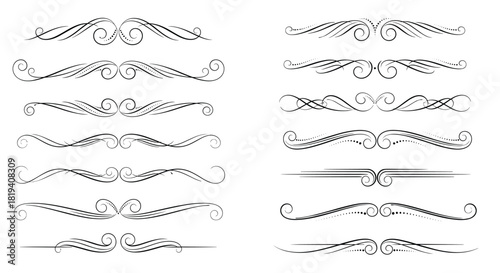 Elegant and ornate decorative dividers collection with various calligraphic scrolls, swashes, and flourishes for vintage design elements.