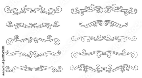 A collection of intricate hand-drawn swirl and scroll page dividers with decorative border elements and vintage flourish patterns.