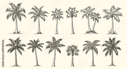 Hand-drawn collection of tropical palm trees in various styles, perfect for vintage-themed designs and summer illustrations.