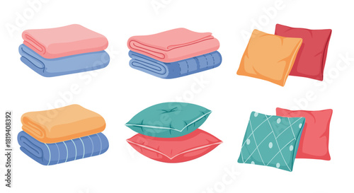 A collection of soft, comfortable home textiles featuring neatly folded blankets and plush pillows in various colors and patterns.