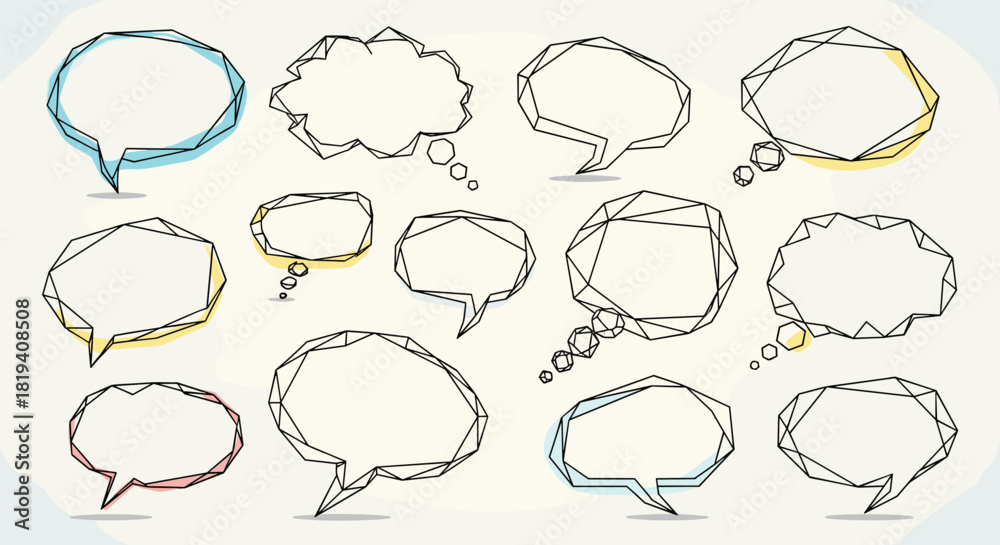 Obraz premium An abstract collection of polygonal speech and thought bubbles, outlined in black with subtle pastel color washes, on a light background.