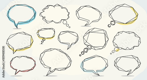 An abstract collection of polygonal speech and thought bubbles, outlined in black with subtle pastel color washes, on a light background.