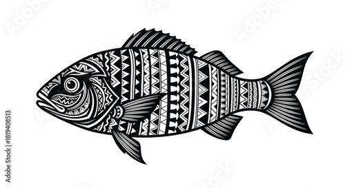 Detailed black and white illustration of a fish decorated with intricate tribal patterns, perfect for cultural and aquatic themes.