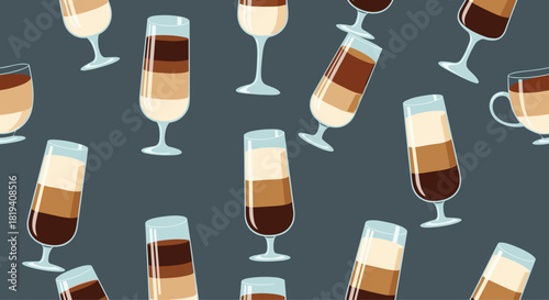 A seamless pattern of various layered coffee cocktails and drinks in different glasses on a dark grey-blue background.