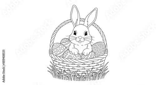 A cute Easter bunny peeks out from a wicker basket filled with beautifully decorated eggs, perfect for a festive coloring page activity.
