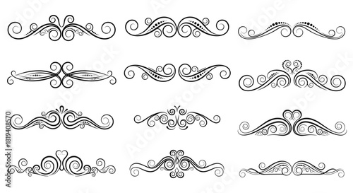 A diverse set of elegant black and white decorative scrollwork, filigree, and calligraphic flourishes, perfect for design accents and dividers.