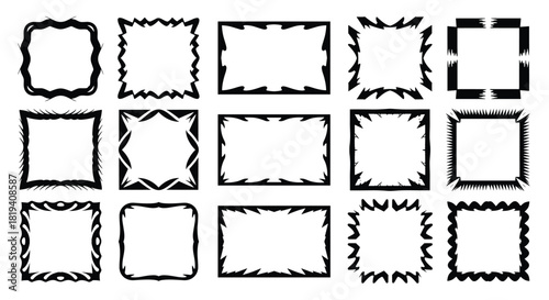 Collection of diverse black and white abstract frames with various decorative border designs, including jagged, spiky, and ornate styles for graphic use.