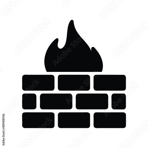 Iconic illustration of firewall security system showing wall of bricks with flames