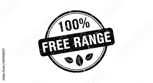 A black grunge-style rubber stamp icon that certifies a product as 100% free range with small leaf symbols inside.