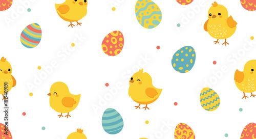 A cute and colorful seamless Easter pattern with little yellow chicks decorated eggs and polka dots on a white background.