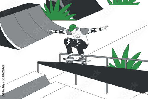 A person in protective gear rides a skateboard on a rail in a skatepark.