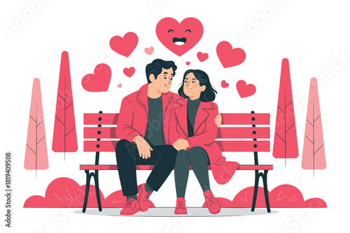 A couple sits on a bench surrounded by hearts, celebrating love and romance on Valentine's Day.