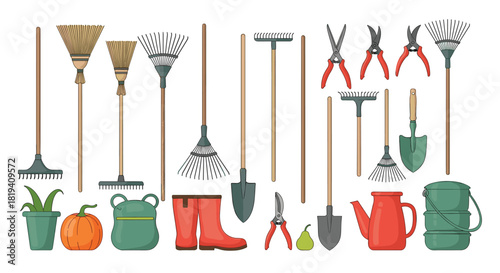 A large collection of various gardening tools and equipment including rakes shovels boots and a watering can illustration.