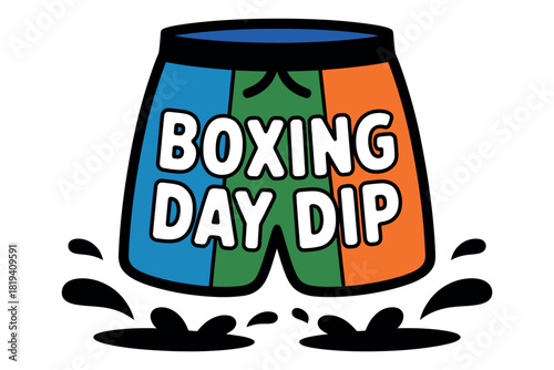 Boxing Day Dip swim shorts with water splashes, promoting an outdoor winter event.