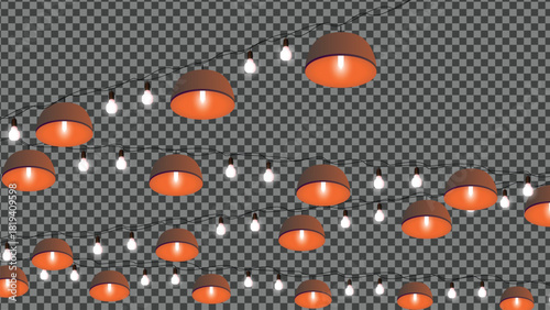 Hanging string lights and lamps with orange light bulbs on a transparent background
