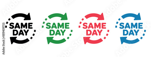 Four colored icons represent same day delivery services with circular arrows.