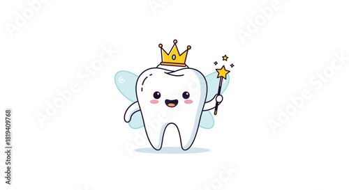 An adorable cartoon tooth fairy character with a crown wings and a magic wand smiling happily on a white background.